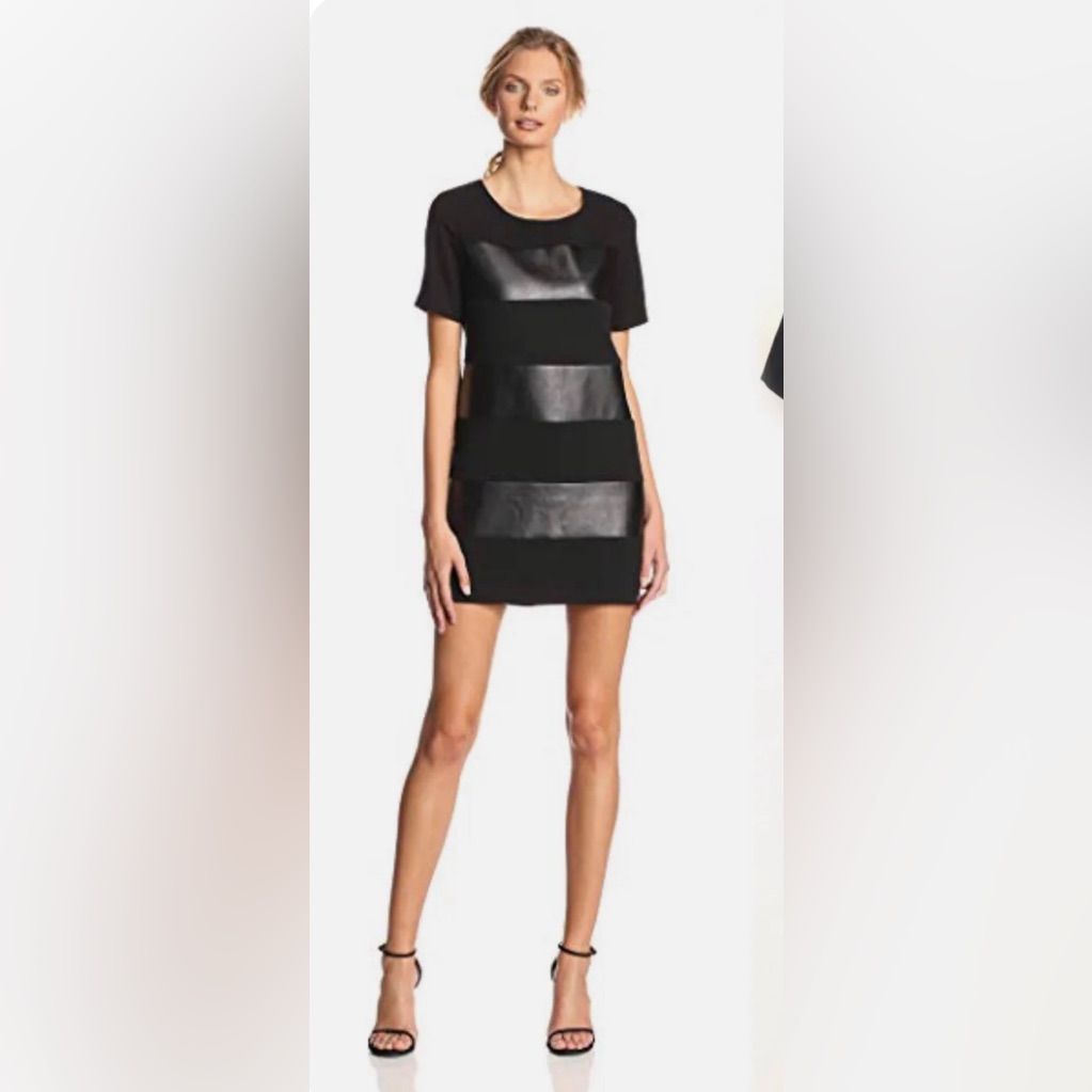 Mcginn Shift Mini Dress With Leather Stripes. Short Sleeve
